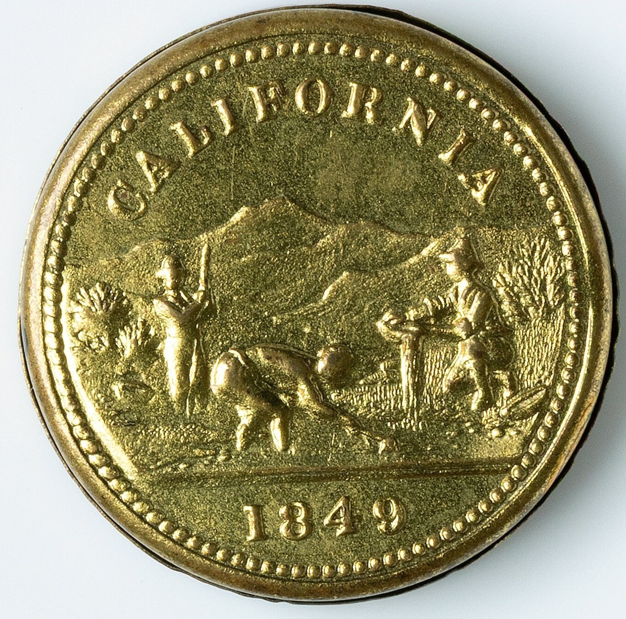 Rare - 1849 California Token Pillbox, Brass. Large Sailing Ship & 3 Gold Miners.