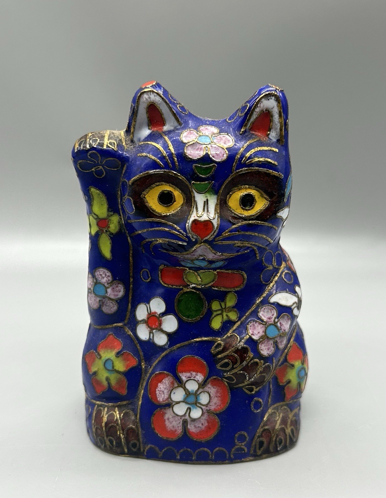 Vintage Cloisonne Enamel Lucky Cat Figurine Blue Brass Maneki Neko Beckoning