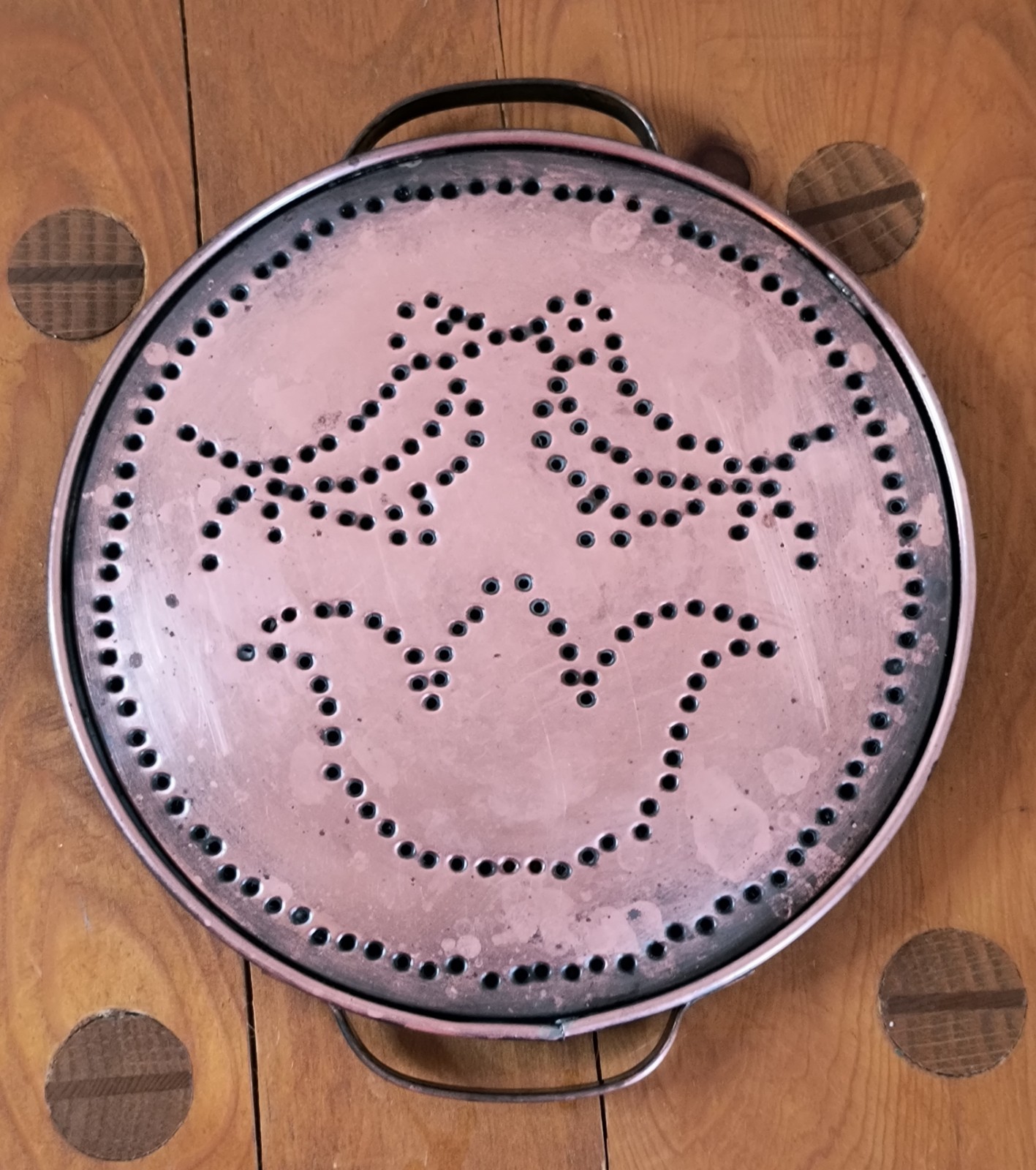 Vtg Pfaltzgraff Solid Copper Punched Tin Trivet W/Handles Primitive Country Farm