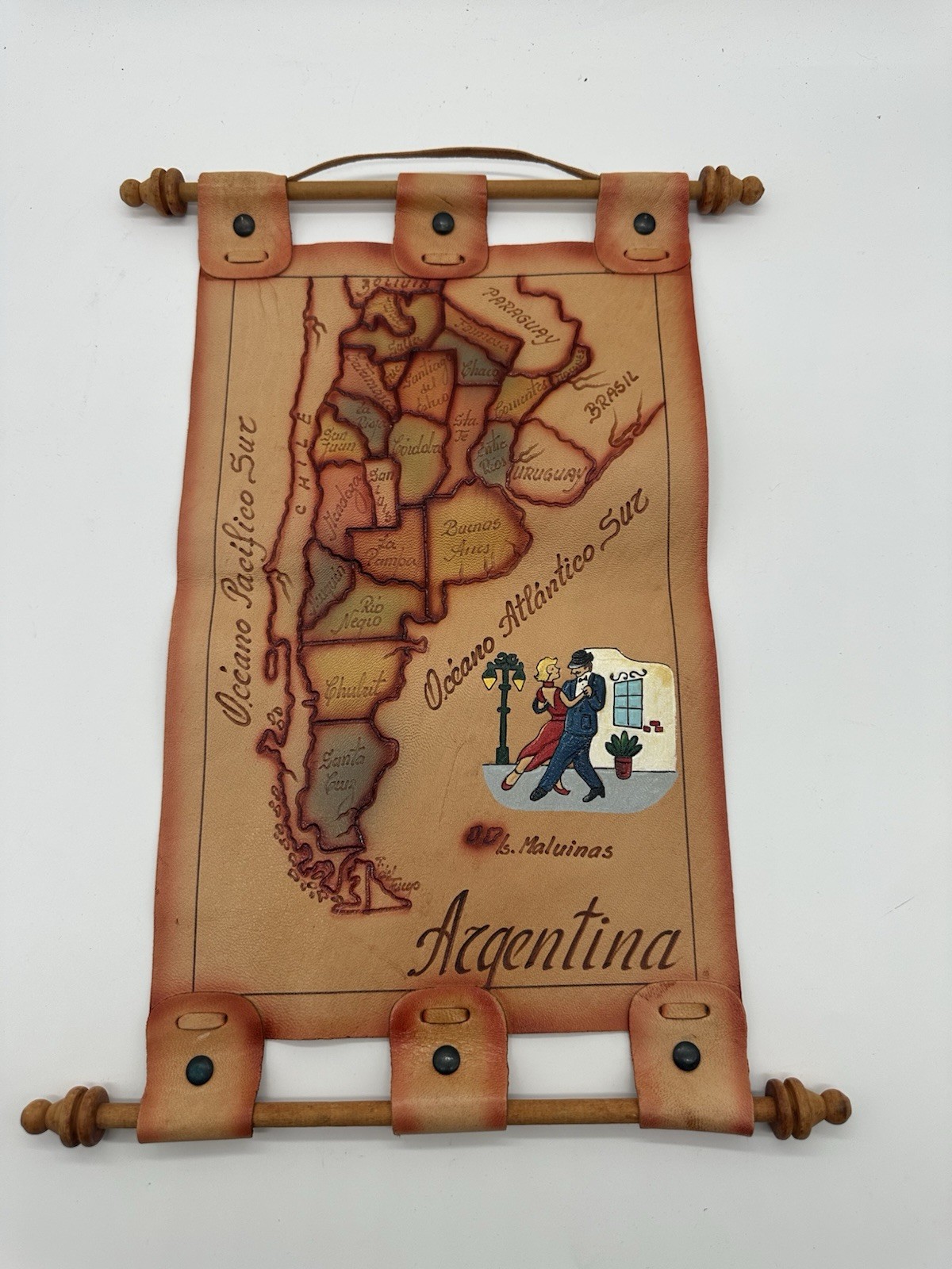 VTG  Handmade leather map of Argentina Rare