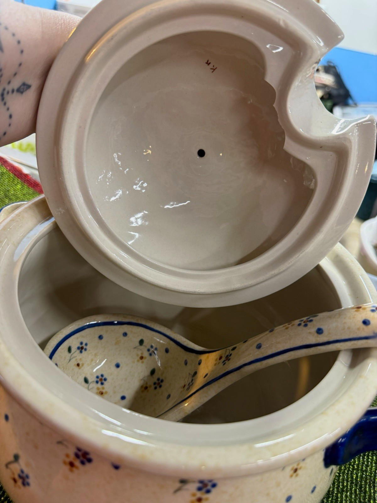 Polish Pottery Boleslawiec Soup Tureen w/ Lid & Ladle Blue Floral Stoneware