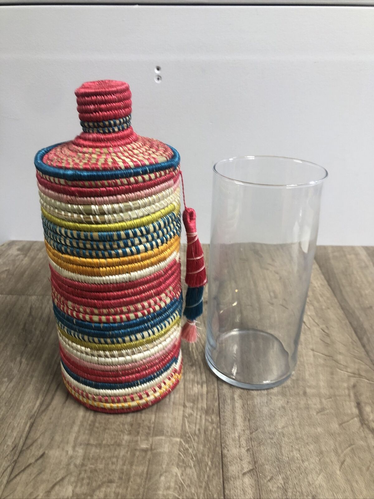 Coil Weave Basket Handmade Colorful Tassels Lid Rwanda Glass Insert Artisan A1
