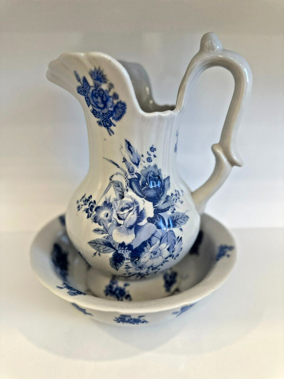 Vintage Victorian Blue Willow Floral Wash Bowl & Pitcher