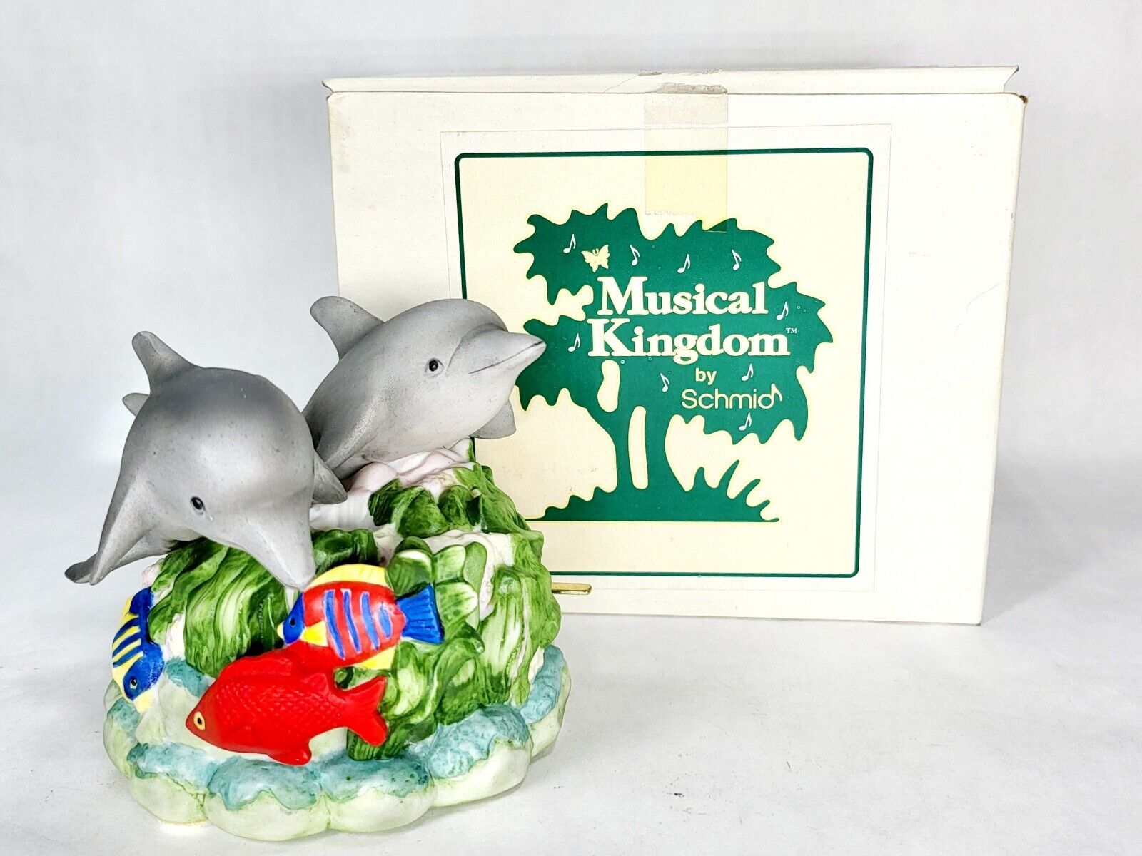 1995 Schmid Dolphins & Fish Ocean Sea Wind Up Music Box - Original Box Included