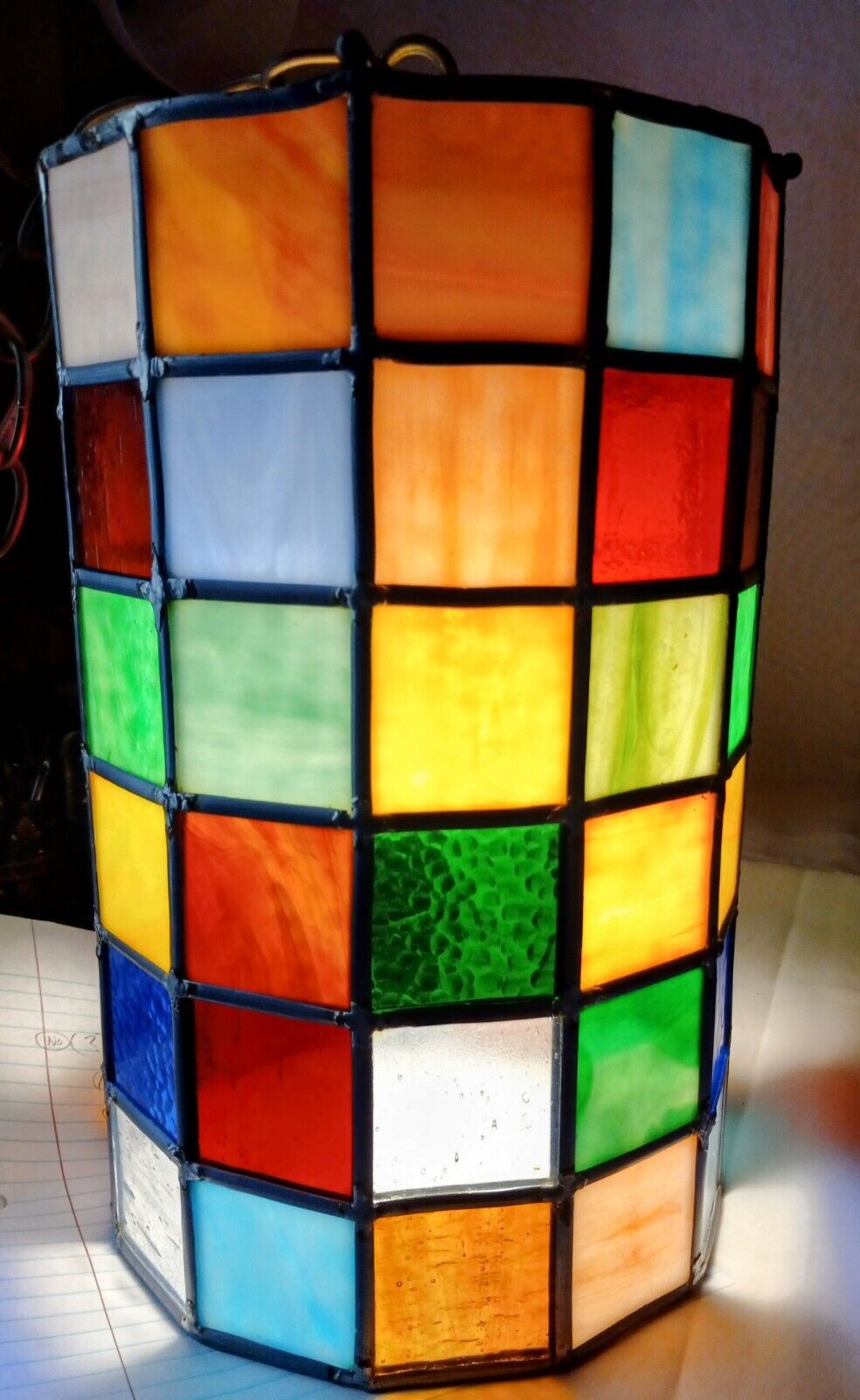 Vtg. Stained Glass Pane Swag Hanging Mosaic Tower Lamp With Chain