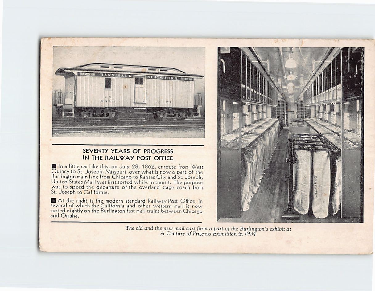 Postcard The Old and New Mail Cars Burlington\'s Exhibit Century of Progress Expo