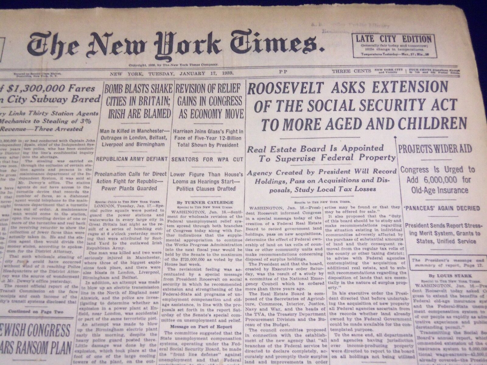 1939 JAN 17 NEW YORK TIMES - ROOSEVELT ASKS EXTENSION OF SOCIAL SECURITY- NT 446