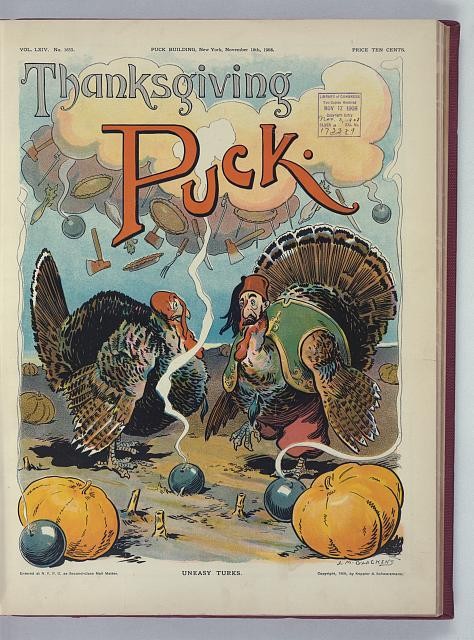 Puck Thanksgiving Cover Uneasy Turks Glackens 1908 Turkeys Bombs Pumpkins