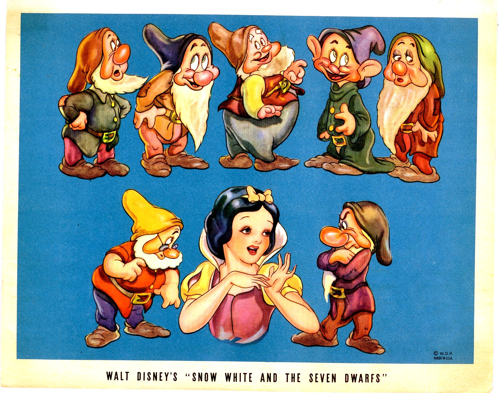 Vintage 1937 Snow White And The Seven Dwarfs Walt Disney Lithograph-SCARCE