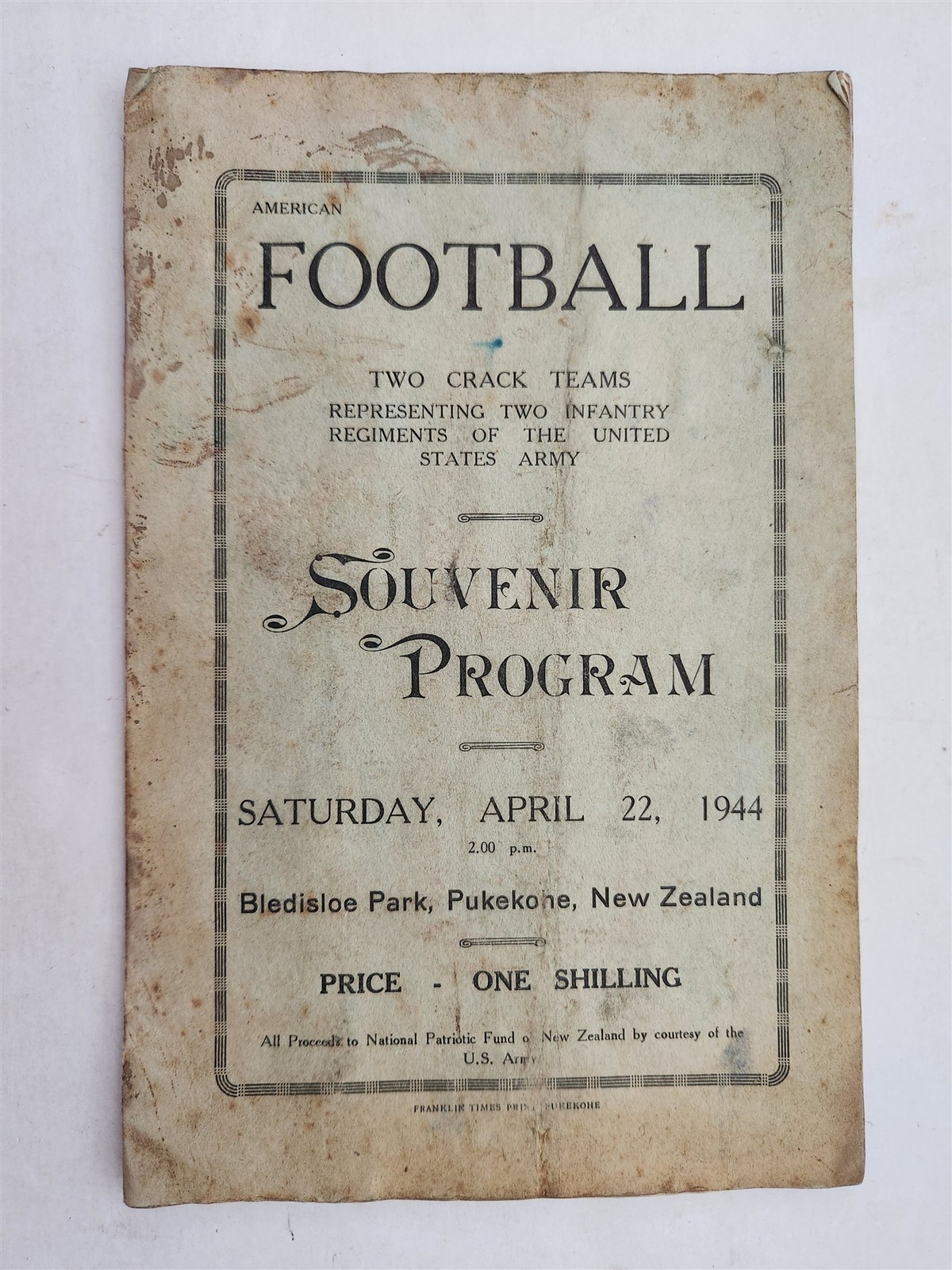 1944 antique AMERICAN FOOTBALL U.S. ARMY infantry program pukekohe nz WWII