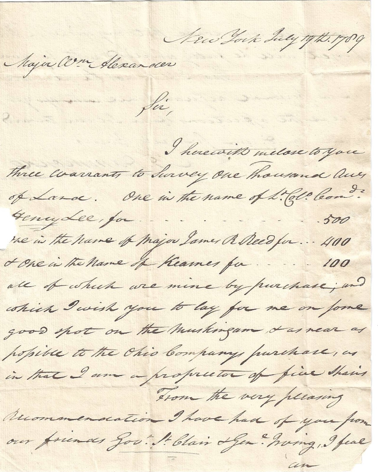 Early New York Land Developer Seeks Surveys, Naming Henry Lee, Arthur St. Clair