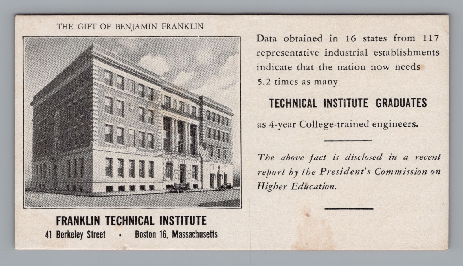 Vtg 1940s Franklin Technical Institute Boston MA Ink Blotter Benjamin Franklin