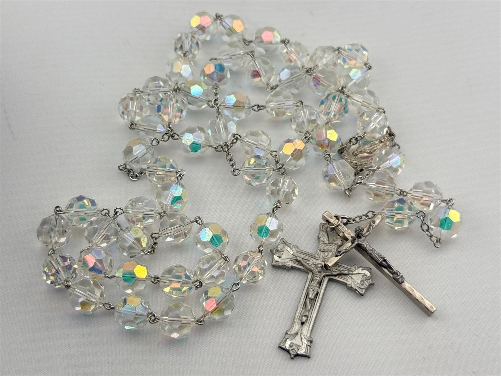 Vintage AB Crystal Rosary Faceted Aurora Borealis Beads Crucifix Catholic