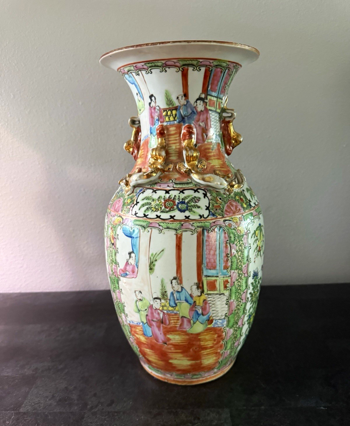 Chinese Porcelain Hand-Painted Famille Rose Vase Gilt Handles Floral Bird 14”