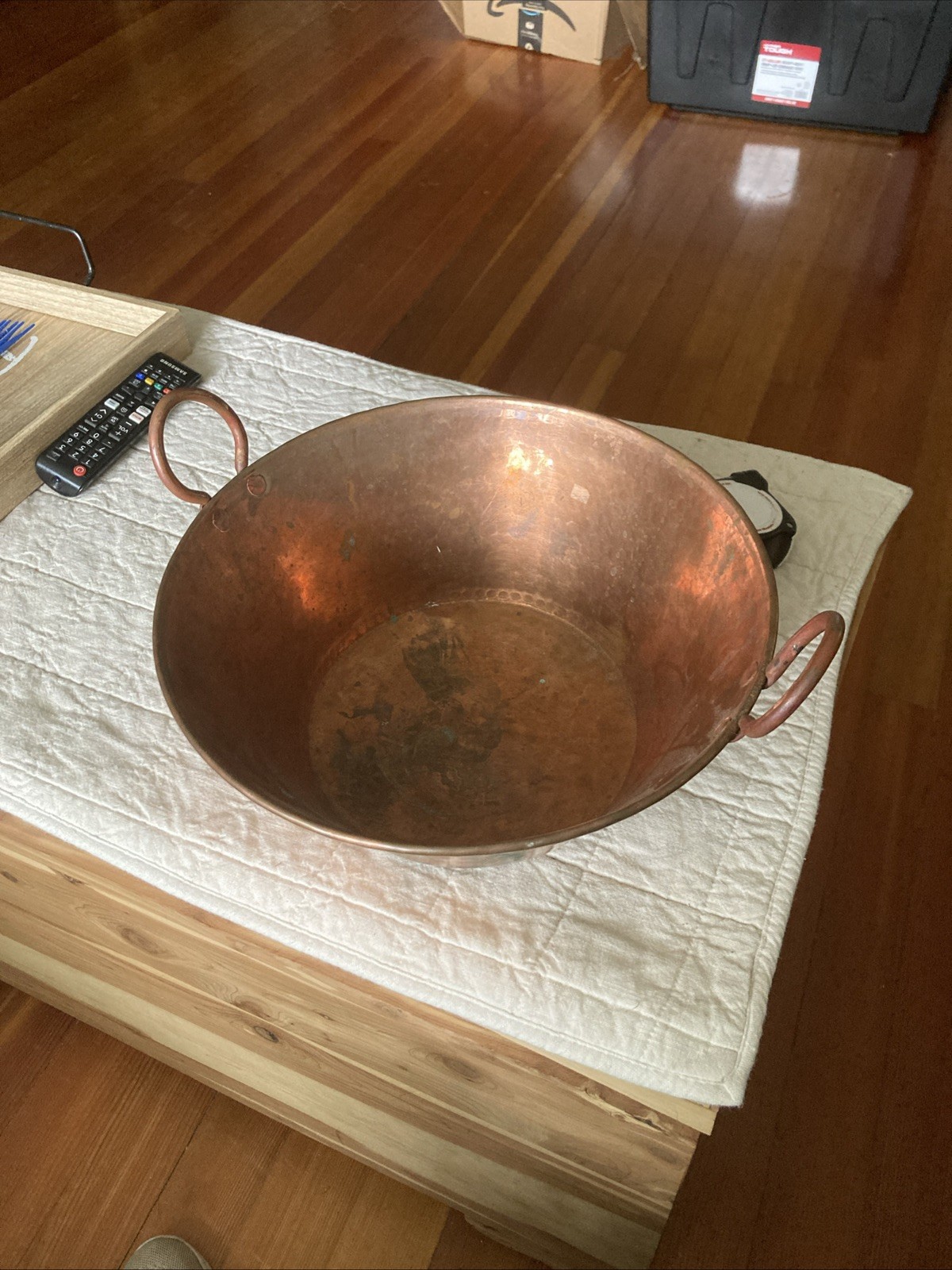 Antique 13” x 5 1/2”Hammered Copper Jam Pan Rolled Rim Brass Handle Great patina