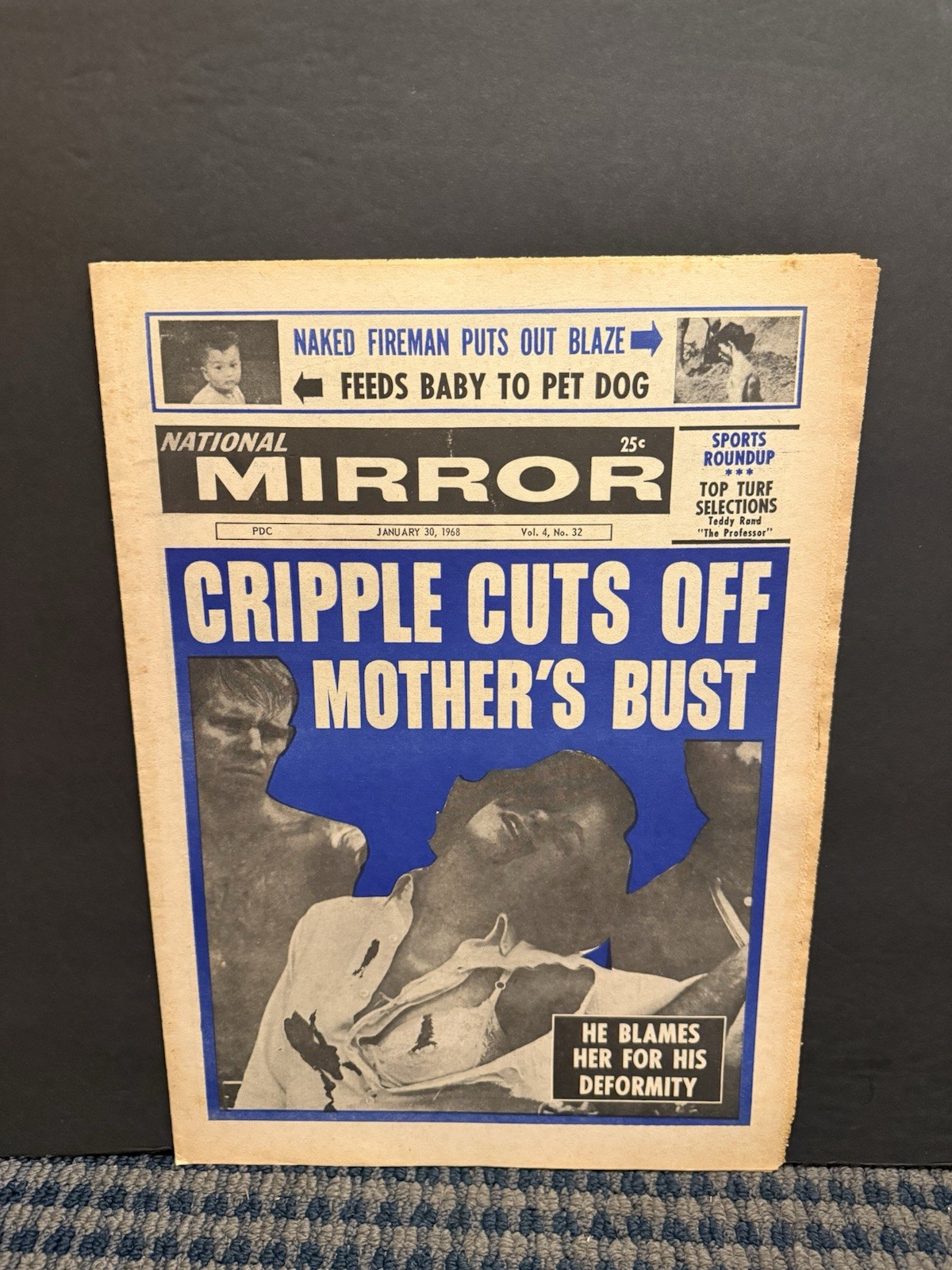 1968 National Mirror Newspaper, Cripple Cuts Off Mothers Bust (10W)