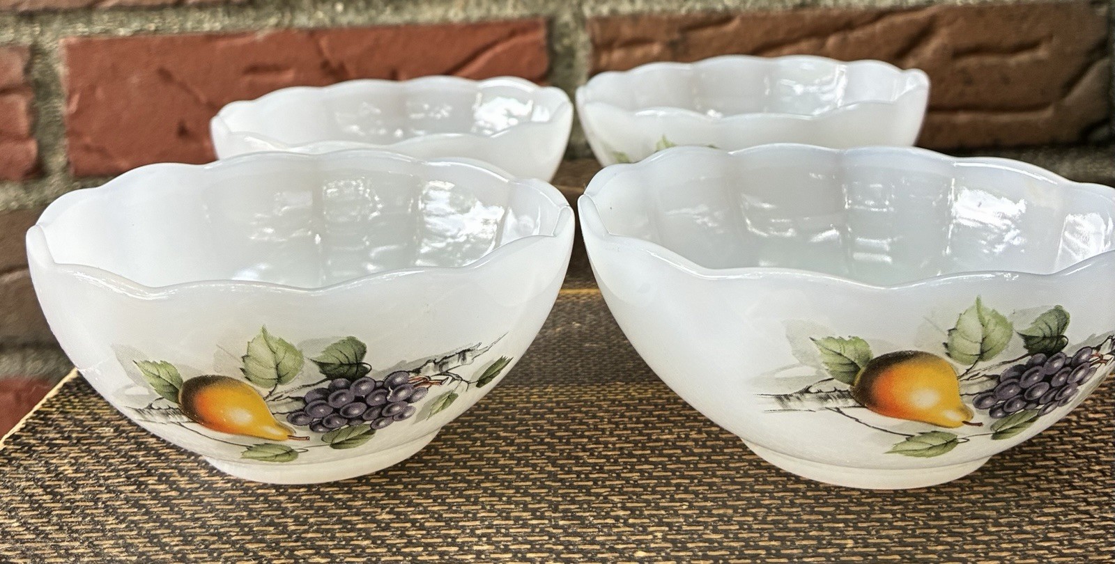 Four Vintage Arcopal France Milk Glass Bowls “Fruits De France” Pattern Four Vintage Arcopal France Milk Glass Bowls “Fruits De France” Pattern