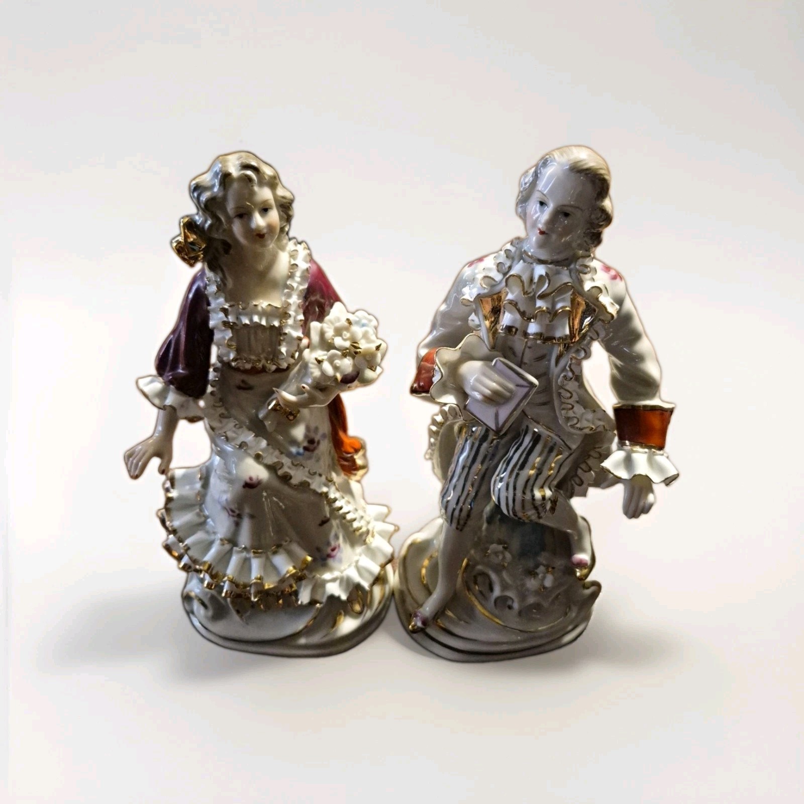 Painted Porcelain Man & Woman Figurines Glossy White Gold Red Set of 2