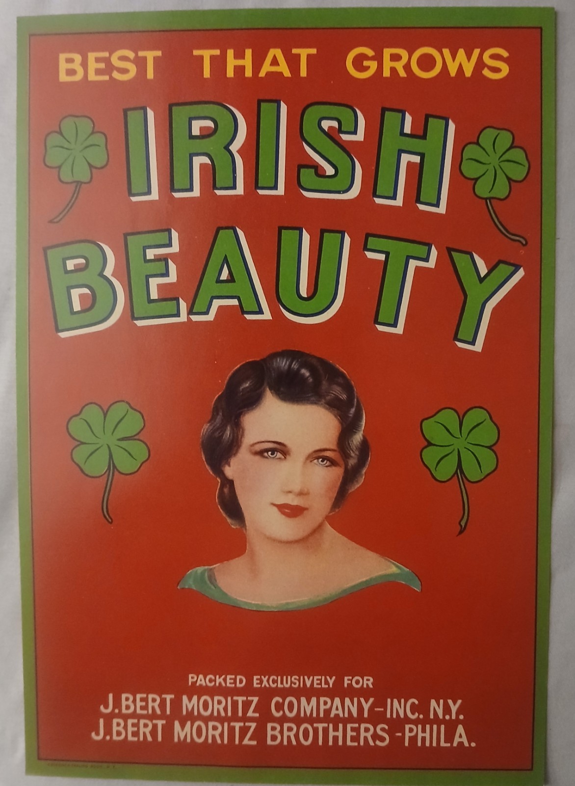 Vintage Irish Beauty Original 1940s Phila. NY Vegetables Crate Label