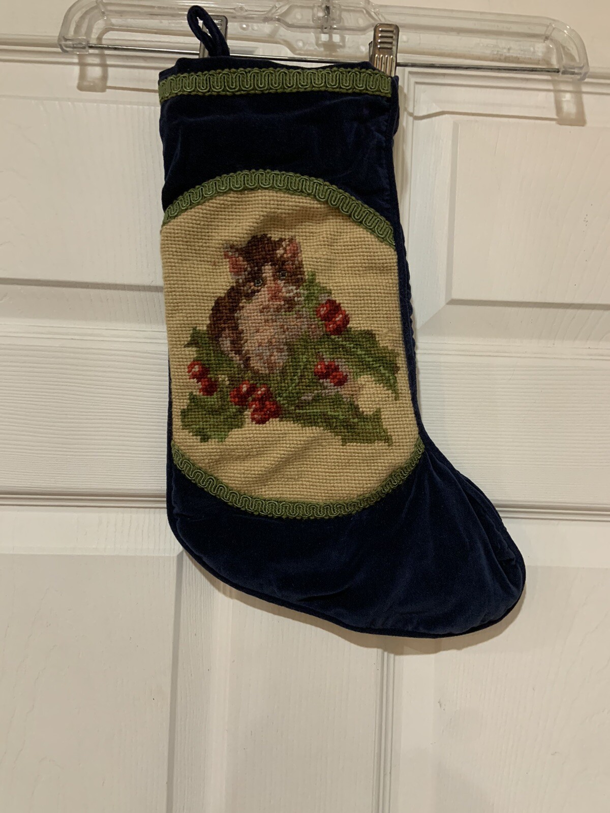 Unbranded Blue Velvet Lined Christmas Stocking w/ Kitten & Holly Needle Point Unbranded Blue Velvet Lined Christmas Stocking w/ Kitten & Holly Needle Point