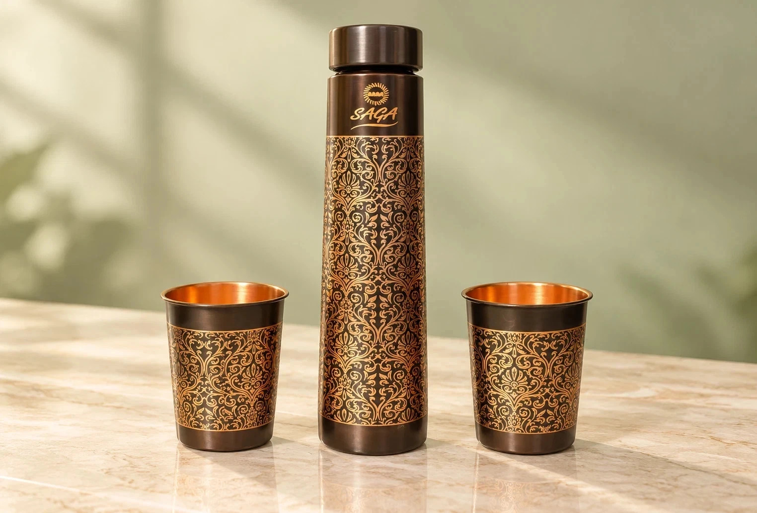 Ayurvedic Copper Water Bottle Gift Set with 2 Glasses Vintage Style Fastship