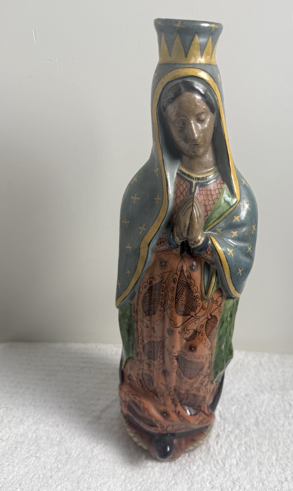 Vintage Hand Painted  Mexican Pottery Virgin Of Gaudalupe Holly Water Bottle