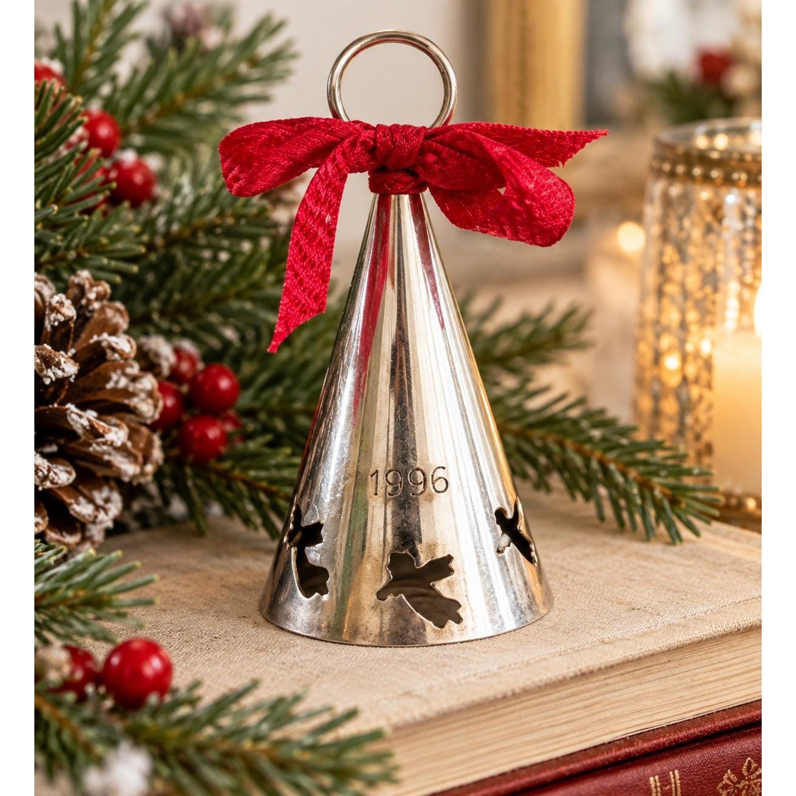 1996 International Silver Co. Silverplate Angel Bell Ornament, Red Bow
