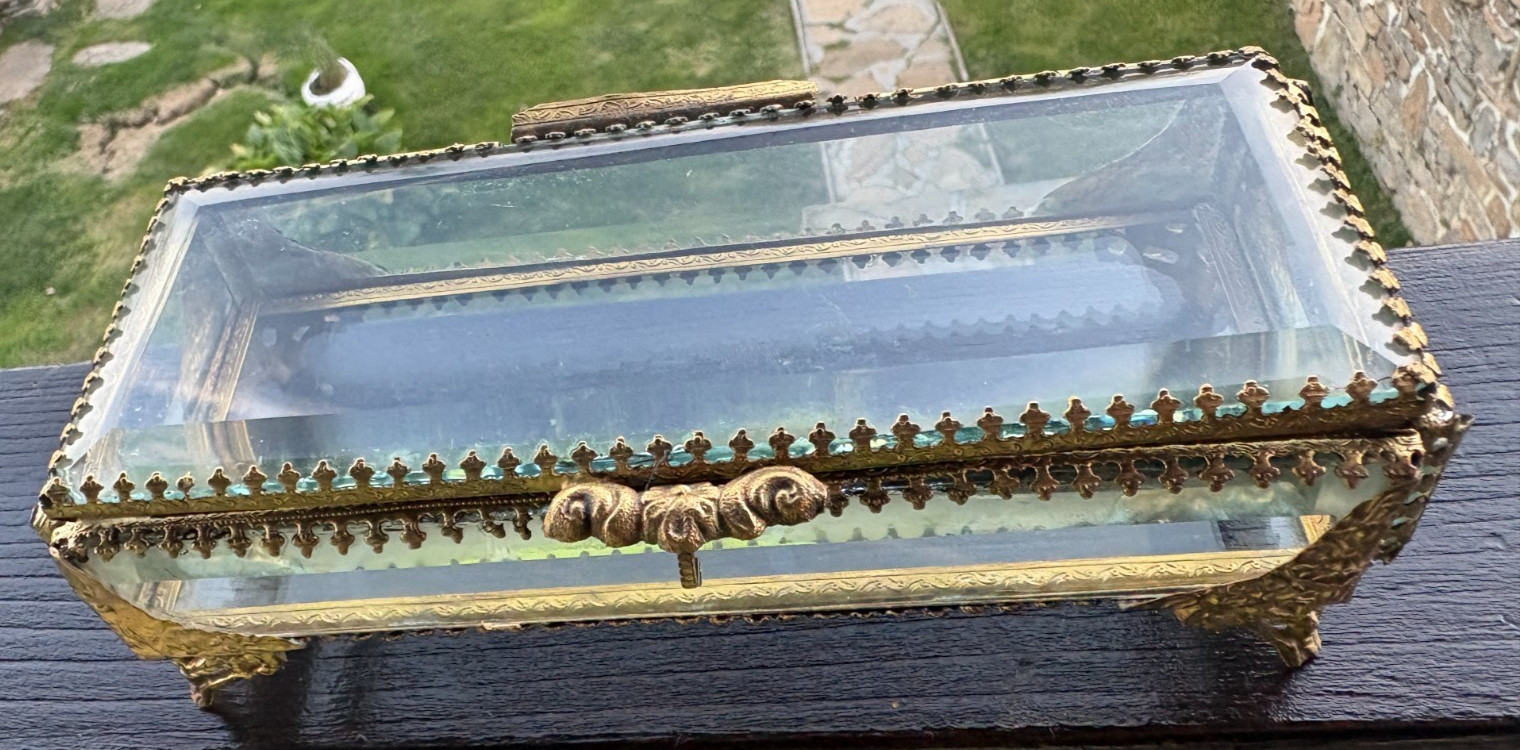 Antique French Napoleon III Jewelry Casket Box 5 Beveled Glass Panels Gilt Metal