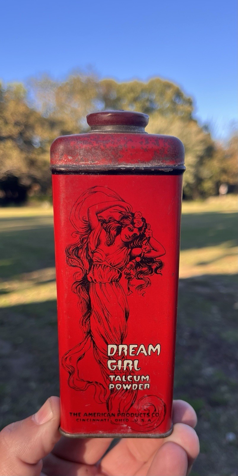 Vintage Antique Dream Girl Talcum Powder Bathroom Advertising Tin Deco