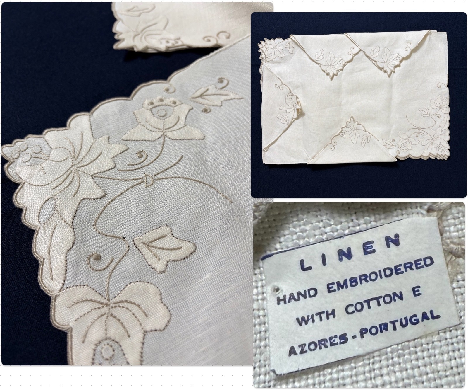 Set 4 VTG Portugal Hand Embroidered Linen Placemats Napkins Ecru Floral Corners