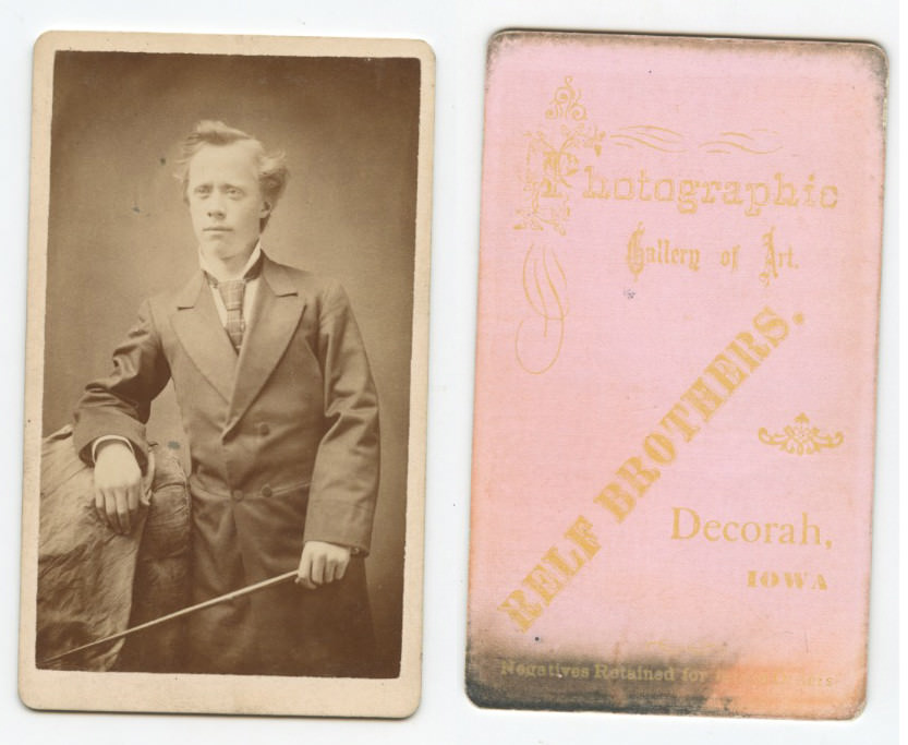 DAPPER YOUNG MAN W/ RIDING STICK? IN HAND DECORAH, IA, CDV PORTRAIT GRAPHIC BACK