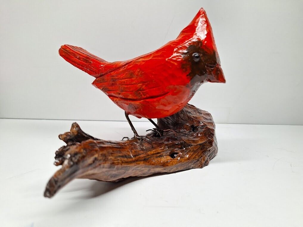 Vintage Hand Carved Cardinal On Wood Base Realistic Cardinal 