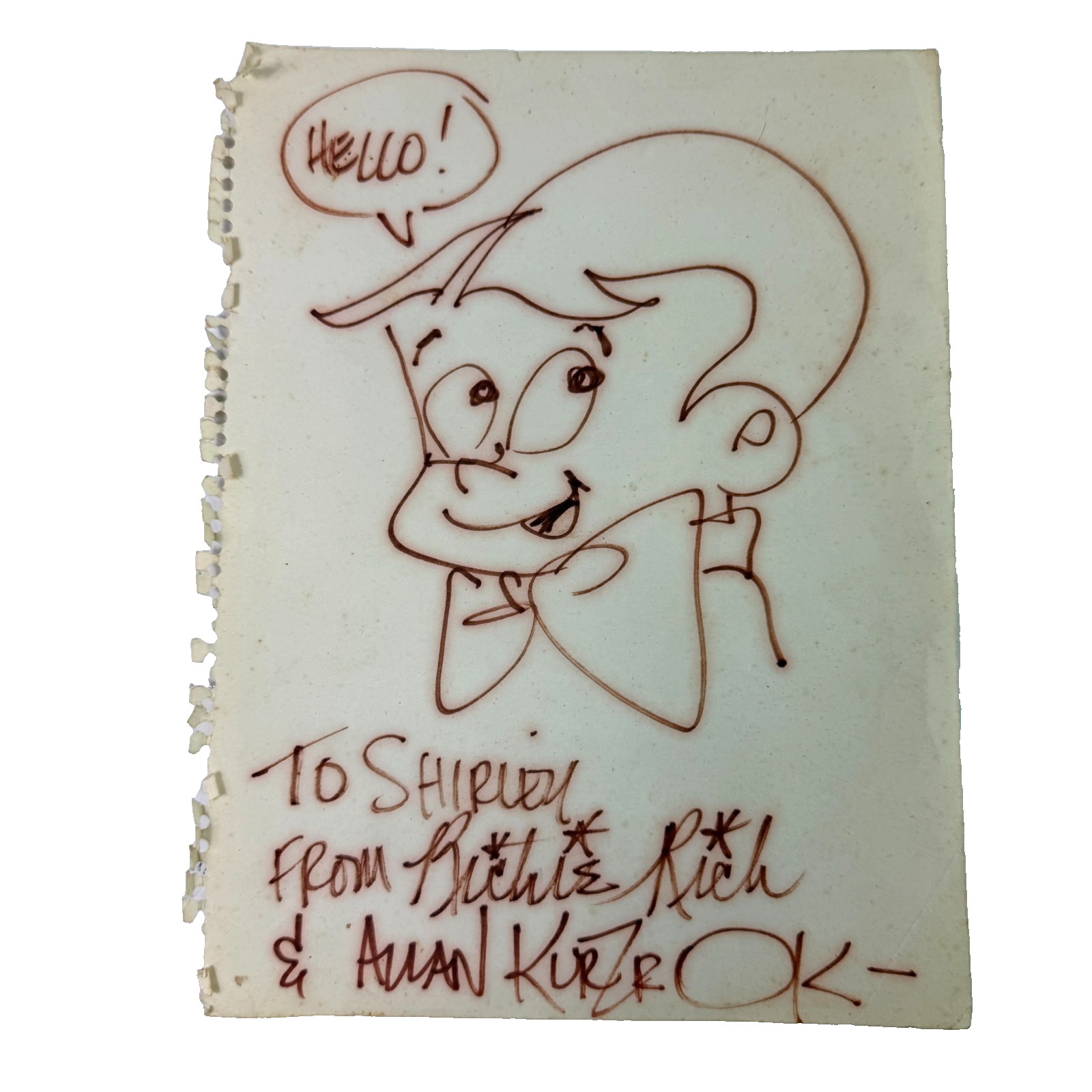 Vintage Allan Kurzrok Signed Richie Rich Comic Art Sketch To Shirley Temple
