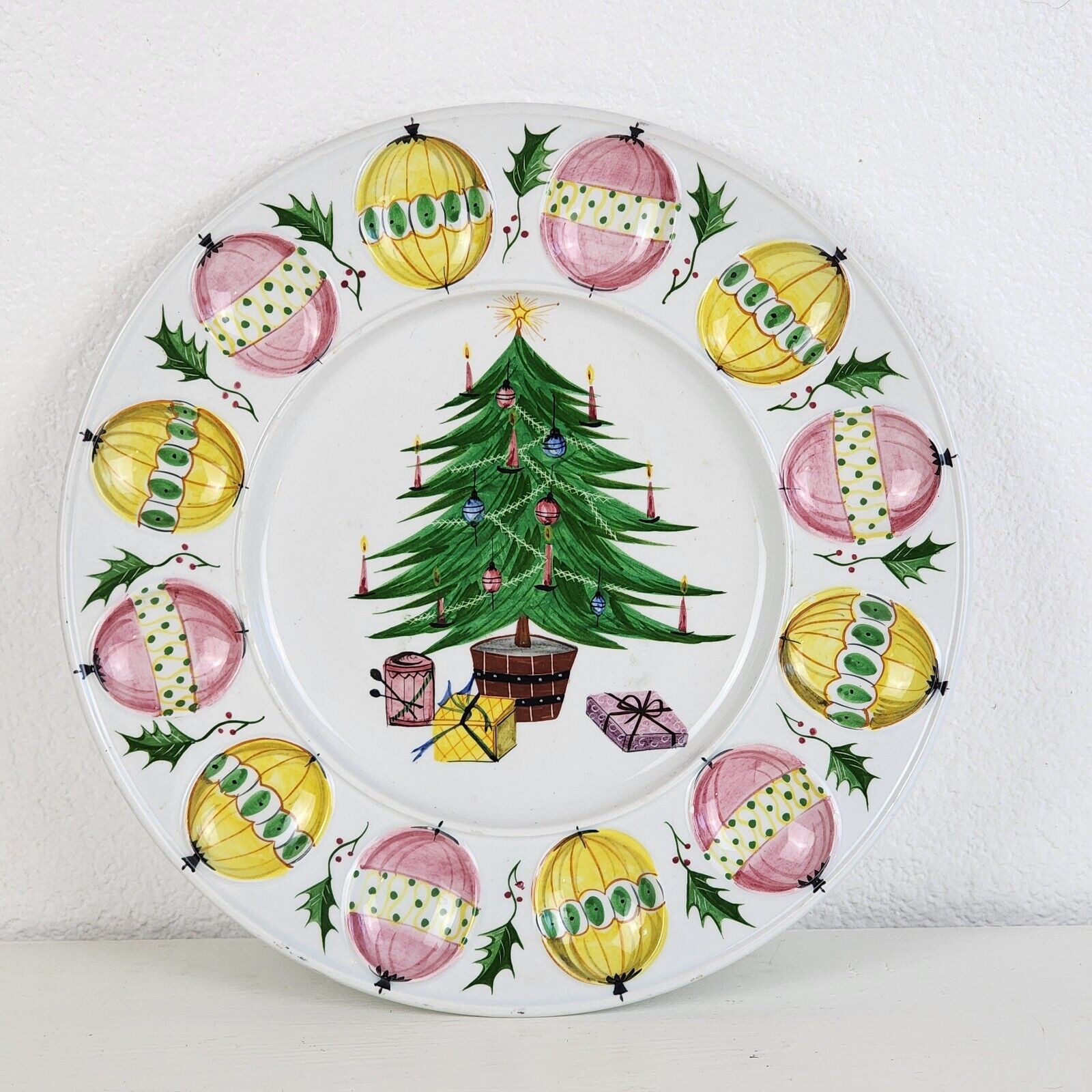 Vintage Christmas Tree Deviled Egg Platter Hand Painted Made In Italy 12\