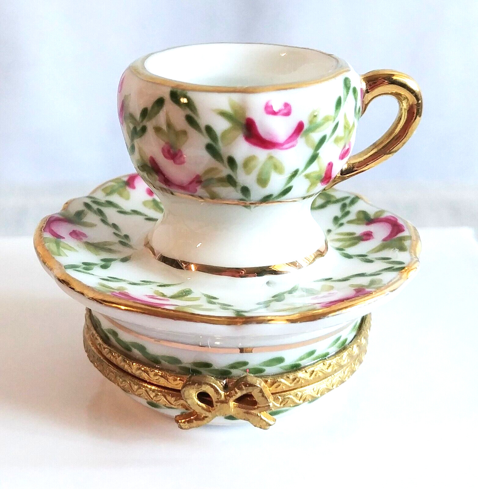Vintage Limoges France trinket box - floral tea cup and saucer - teacup