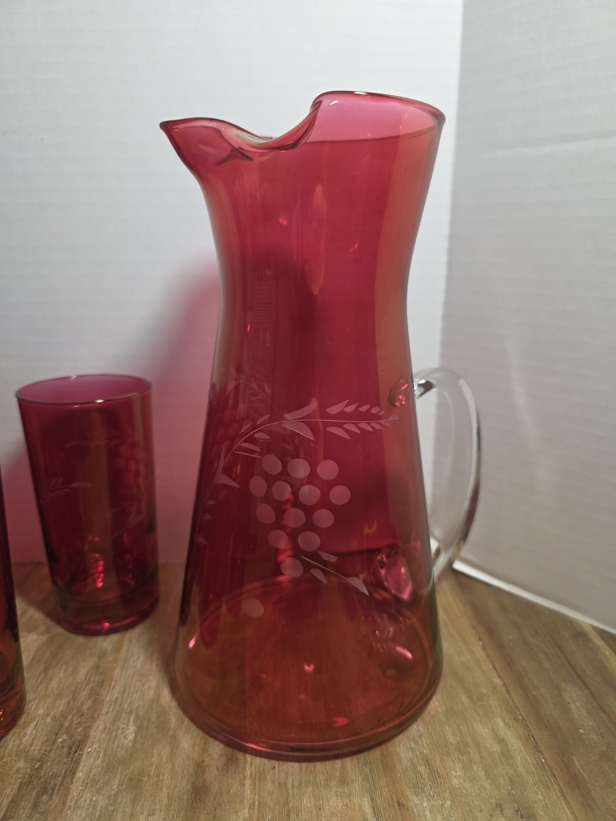 Cranberry Etched Flashed Glass Martini Pitcher with 6 glasses