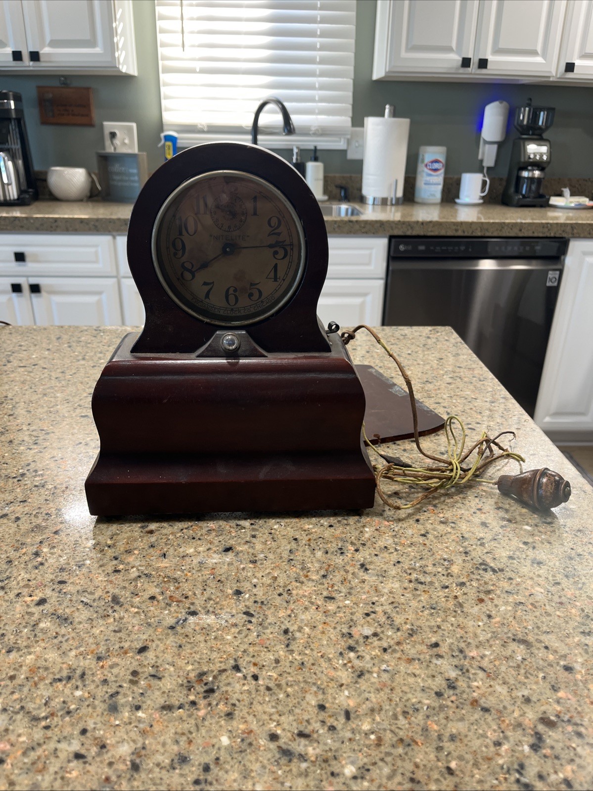 RARE Antique 1910 F.W. Jansen Nitelite Alarm Clock Mahogany Case Pear Switch