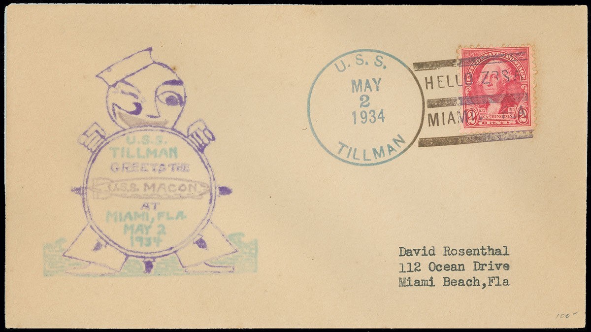 1934 USS Tillman Greets USS Macon Cachet, Hello ZRS-5 Slogan, Miami FL Cancel