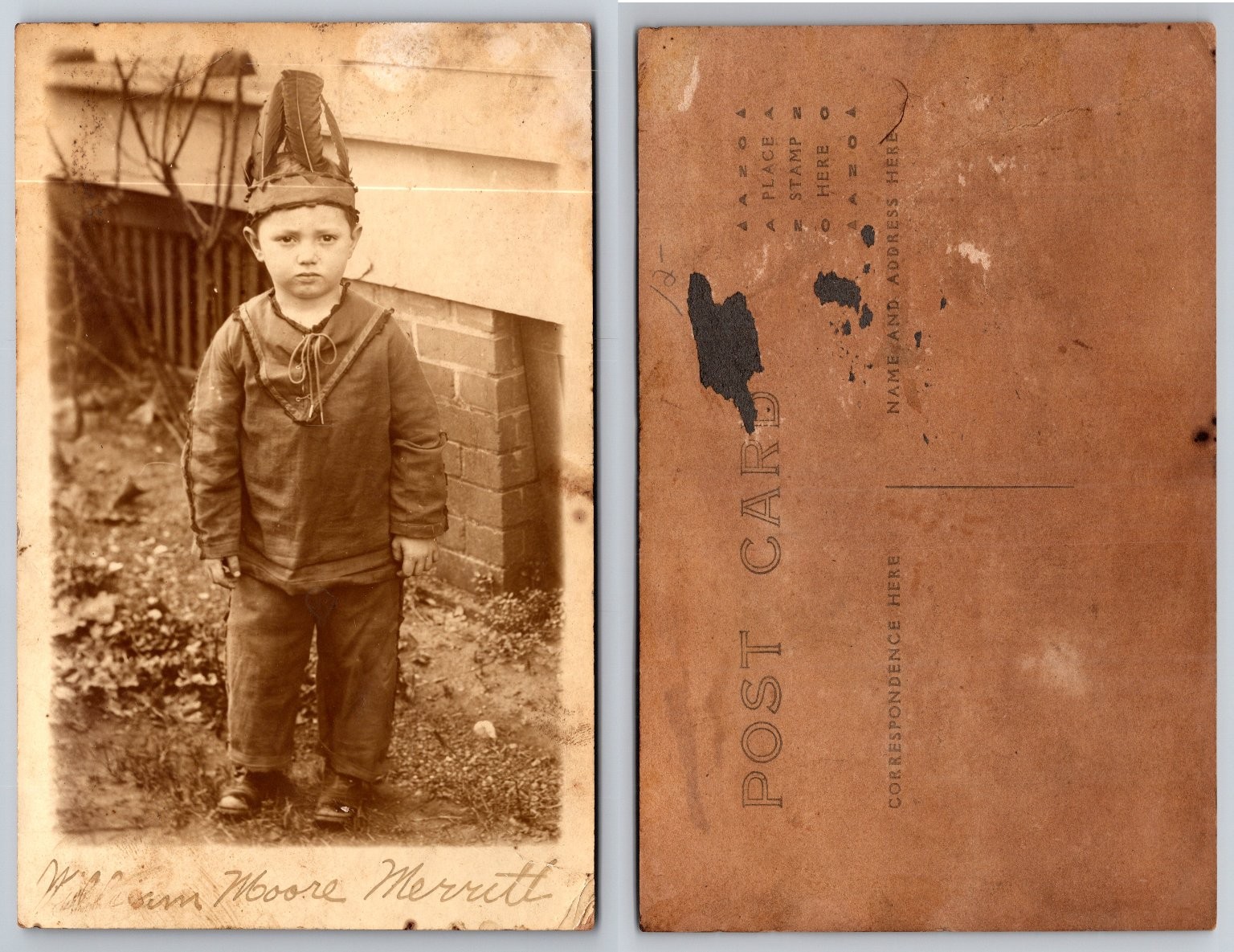 RPPC William Moore Merritt Boy Native American Costume Feathered Hat 1910s
