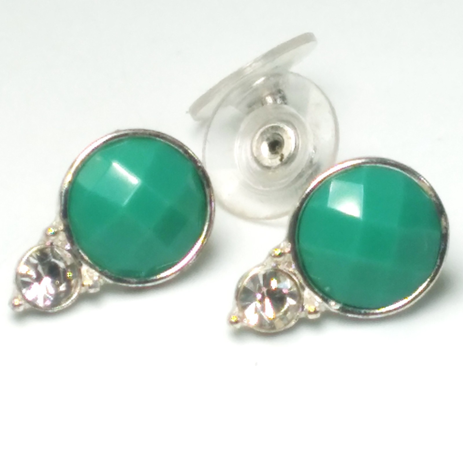 Vintage Napier Pierced Earrings Silver Tone Metal Green Thermoset & Rhinestones