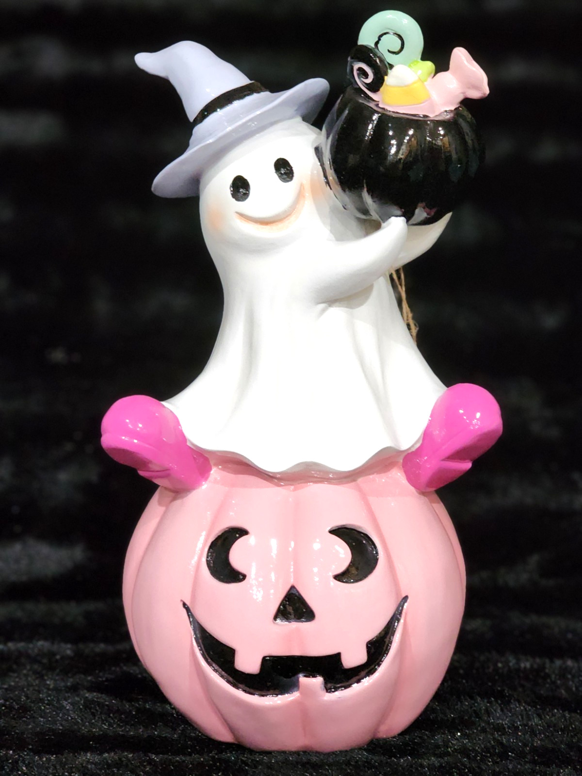 Ghost Witch on Pink Pumpkin w Cauldron of Candy Table Decor 12\