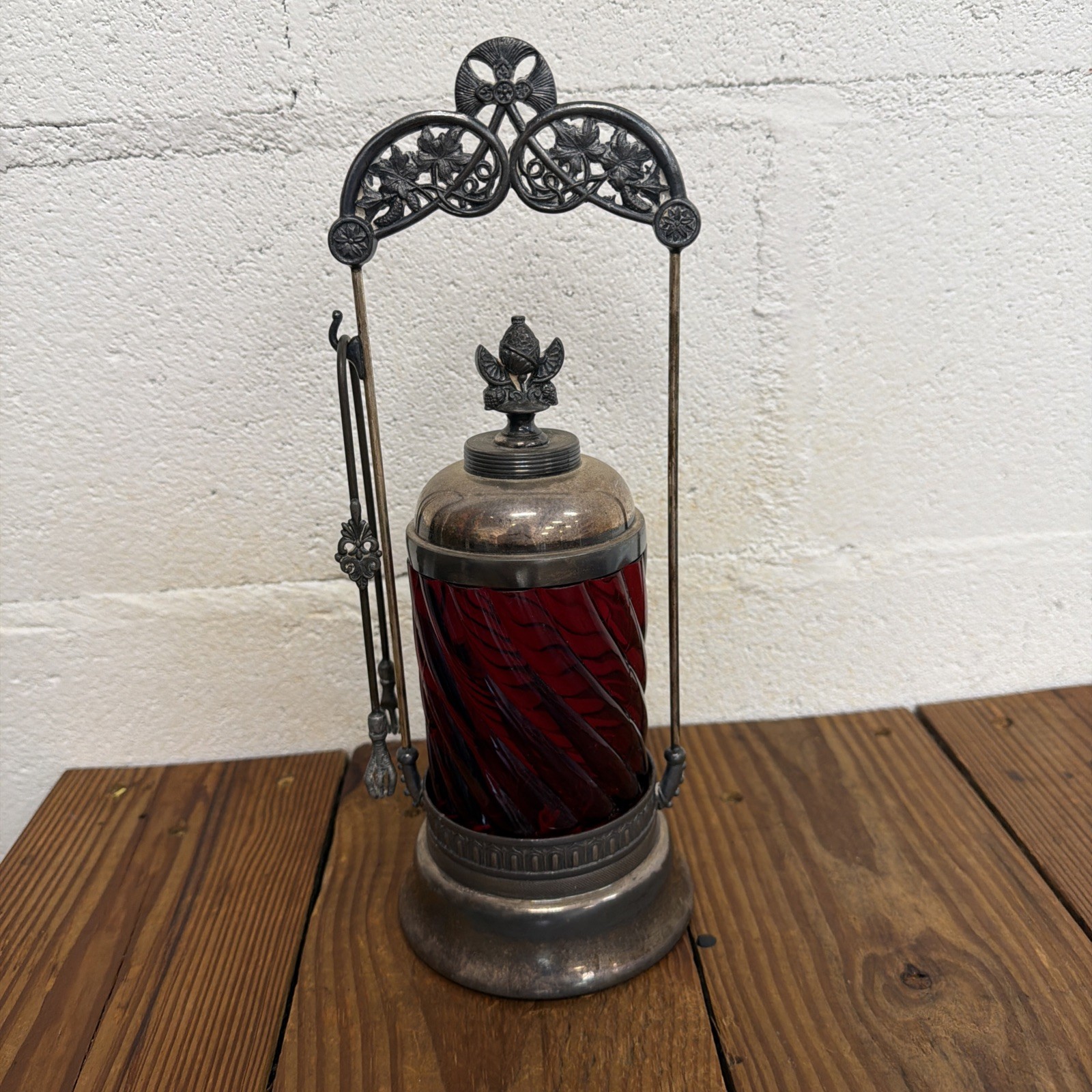 Gorgeous Victorian Cranberry Glass Silver Plate Castor with thongs Gorgeous Victorian Cranberry Glass Silver Plate Castor with thongs