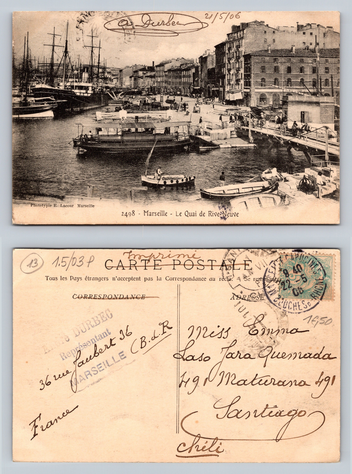 Marseille Postcard Le Quai de Rive Neuve Vintage Photo 1903 1906 France