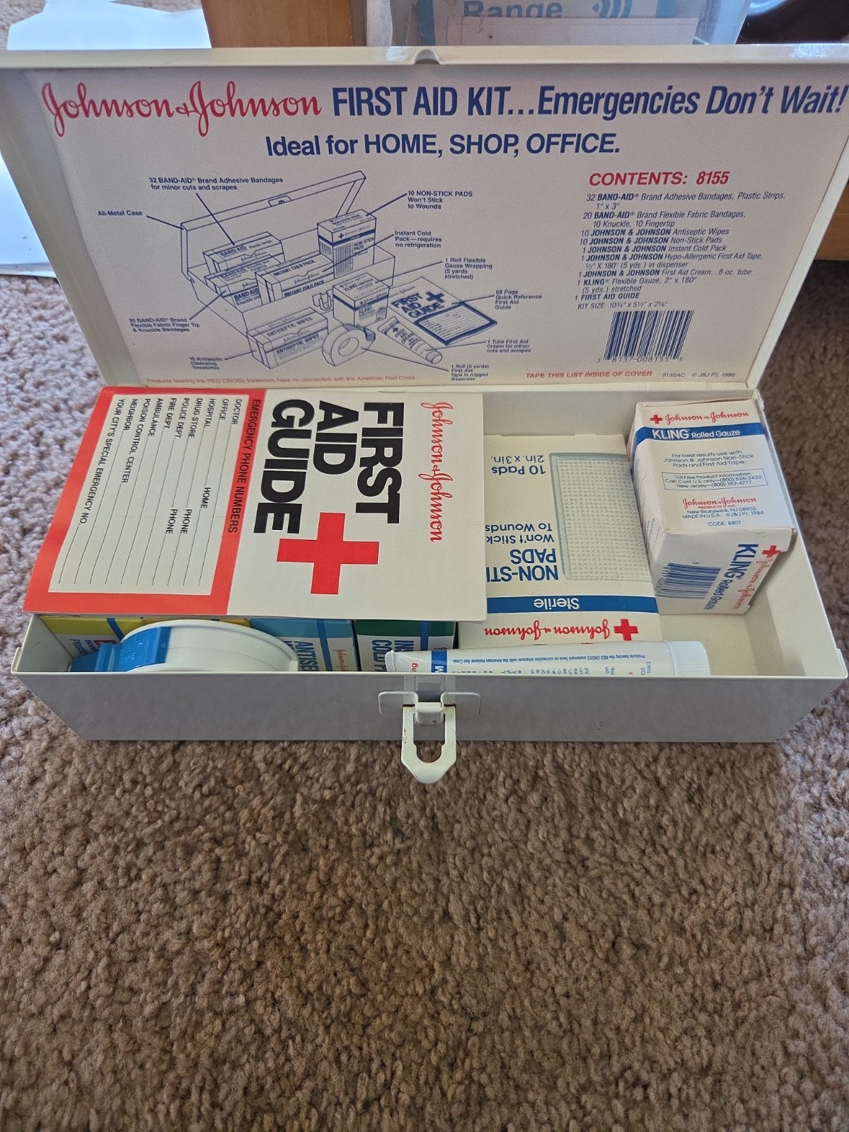VINTAGE Johnson & Johnson Metal First Aid Kit Wall Mount Box , White & Red Empty