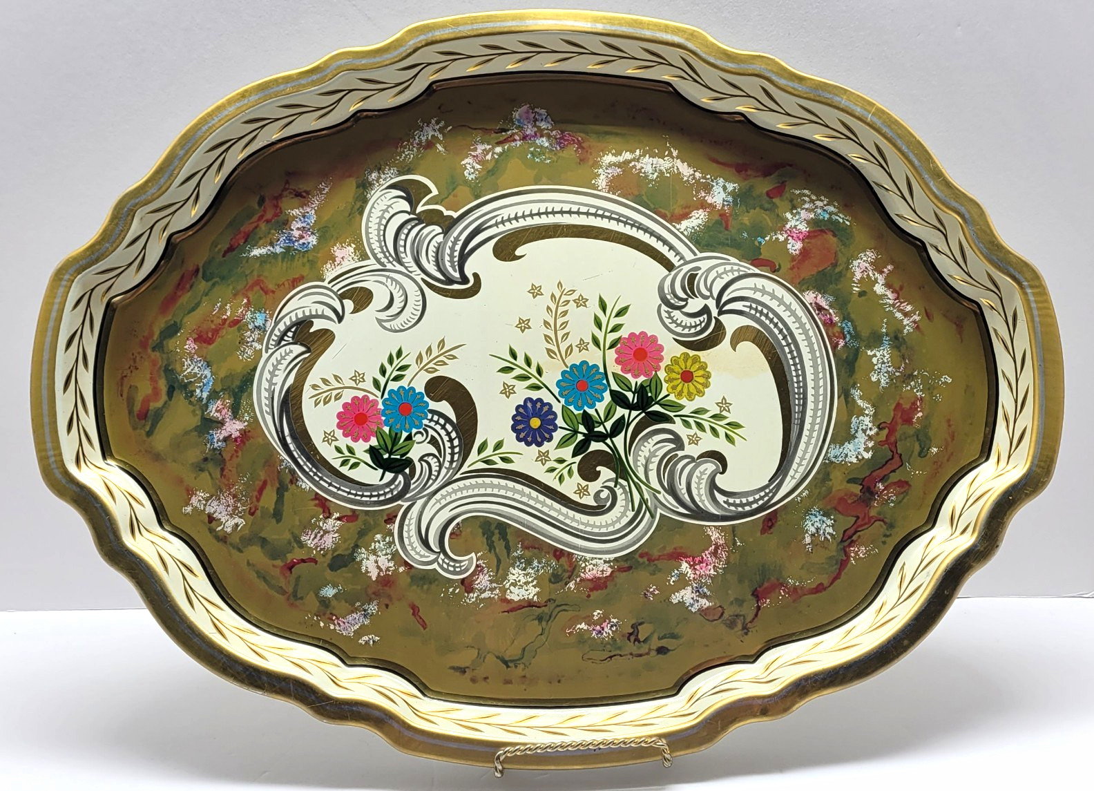 Baret Ware Vintage Tin Metal Serving Tray Made In England Floral Design 17 Inch