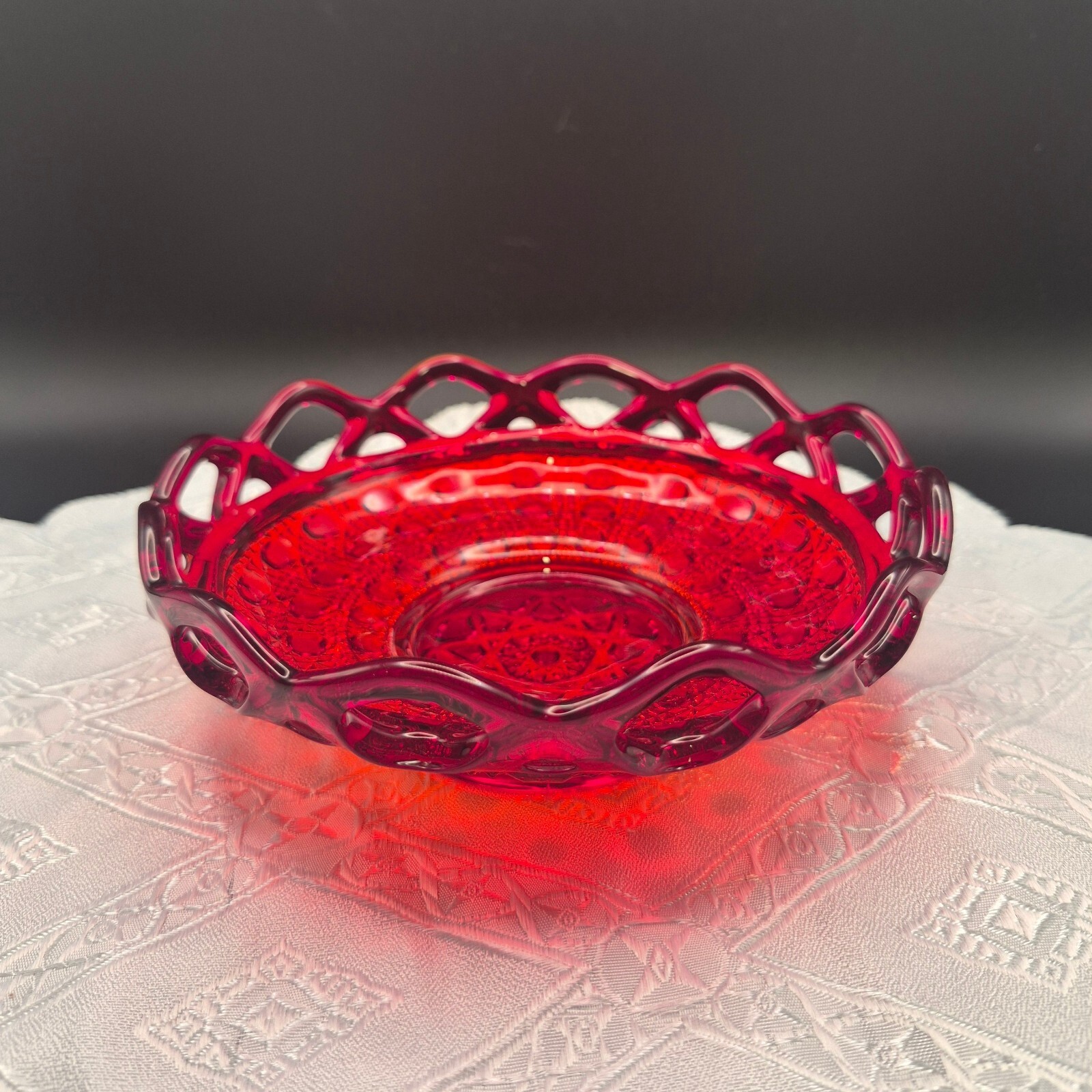 Imperial Glass Vintage Ruby Red Lace Design Serving Bowl with Open Lattice Edge