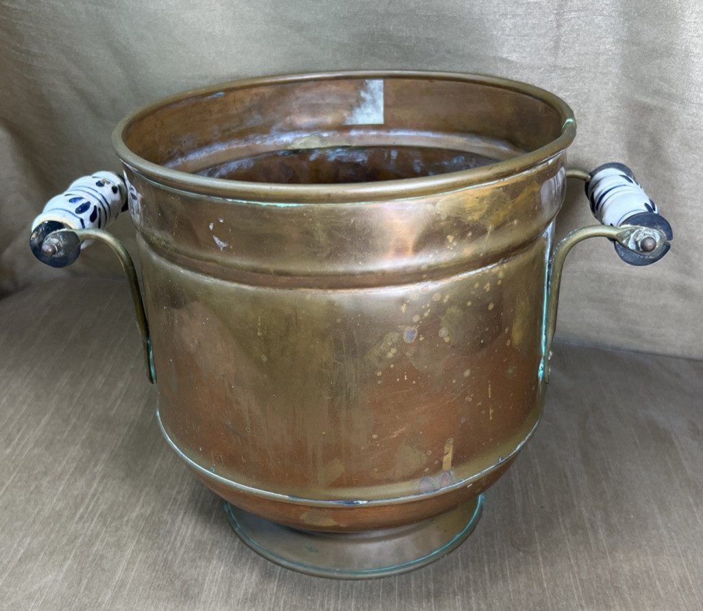 Antique Copper Planter Bucket Vintage Decorative Delft Jardiniere Handles Large