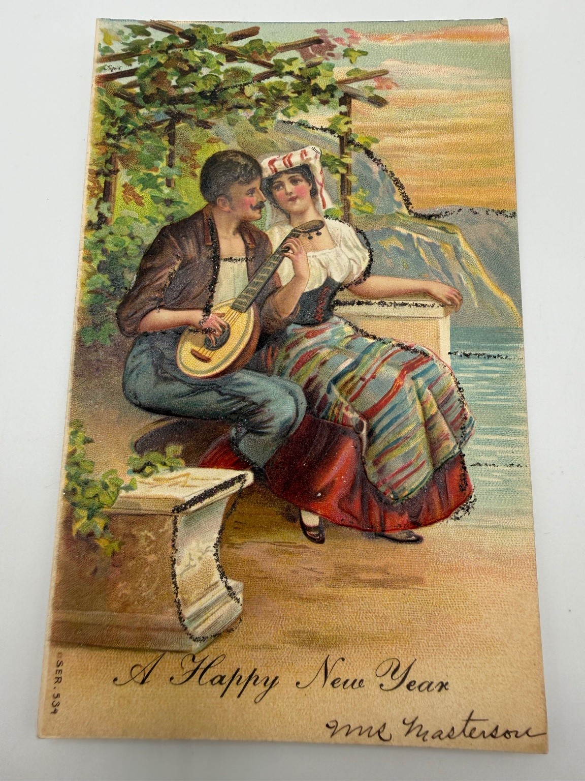 1905 New Year Postcard Man Mandolin Woman Italian Scene Vintage Antique 1905 New Year Postcard Man Mandolin Woman Italian Scene Vintage Antique