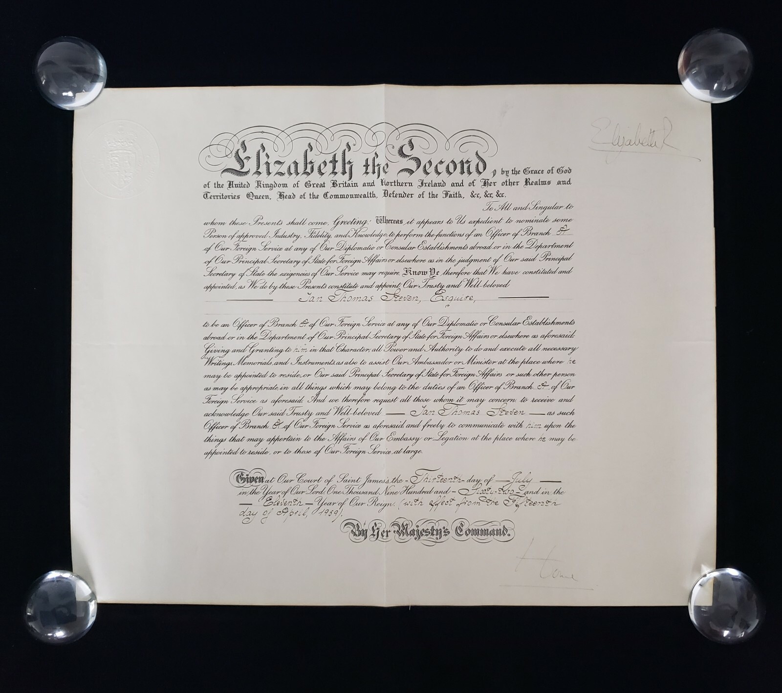 1962 Queen Elizabeth II Signed Royal Foreign Service Commission Earl of Home UK