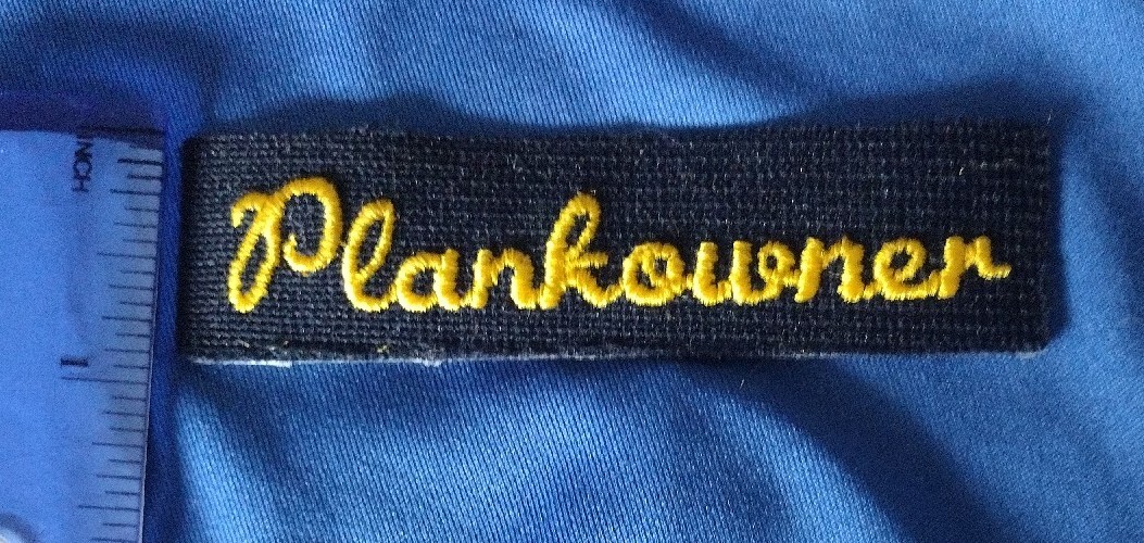 US Navy Plankowner Patch Tab With Iron On Backing Navy Blue & Yellow Gold Text US Navy Plankowner Patch Tab With Iron On Backing Navy Blue & Yellow Gold Text